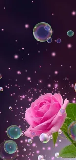 Pink rose with bubbles on a starry background mobile wallpaper.