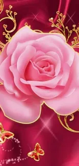 Pink rose with gold accents on crimson silk background wallpaper.