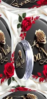 Elegant night wallpaper with red roses and golden text