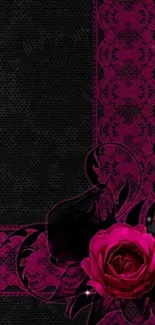 Pink rose on a dark, textured background with elegant patterns.