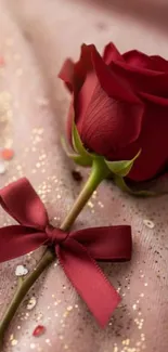 Red rose on a glittery pink fabric with ribbon.