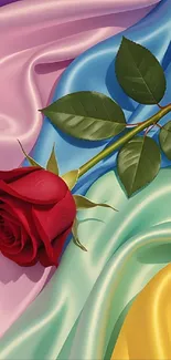 Red rose on colorful silk fabric mobile wallpaper.