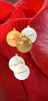 Festive gold and white ornaments on a red rose background.