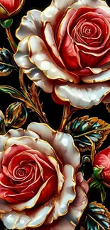 Red and white roses with green leaves on a black background.