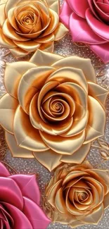 Elegant gold and pink rose pattern wallpaper.