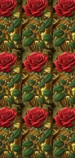 Patterned wallpaper with red roses and green leaves.