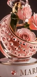 Elegant rose perfume bottle with intricate design on a mobile wallpaper.