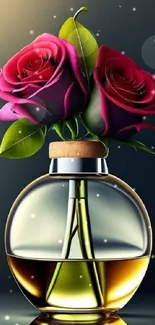 Wallpaper featuring roses in a perfume bottle with a dark teal background.