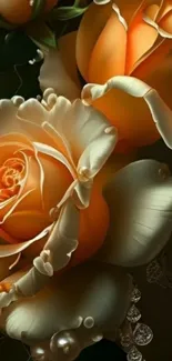 Elegant artwork featuring close-up of peach-colored roses with intricate petal details.