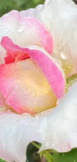 Close-up of a pink and white rose with dewdrops, lush petals, and green leaves.