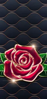 Elegant wallpaper with a red rose on a black background and golden waves.