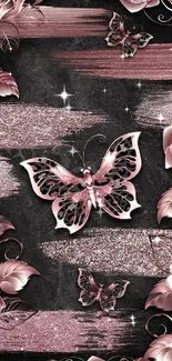 Rose pink butterfly and floral wallpaper design with dark accents.