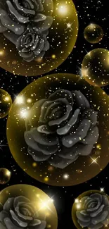 Elegant wallpaper with black roses in glowing spheres on a dark background.