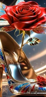 A stunning stiletto adorned with a red rose and artistic design.