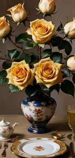 Elegant wallpaper with yellow roses in a vase and luxury dinnerware.