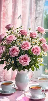 Vase with pink roses and daisies by a window.