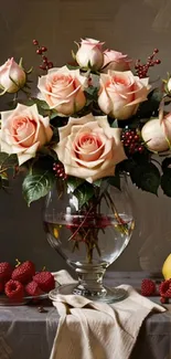 Elegant display of pink roses in a glass vase on a table with raspberries and a lemon.