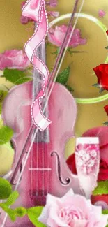 Pink violin and red roses on a golden background wallpaper.