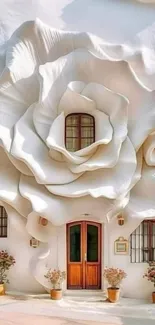 Elegant white rose wall design with rustic elements.