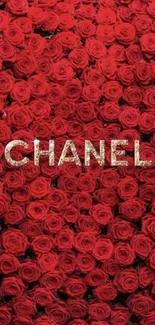 Chanel luxury logo on red roses wallpaper.