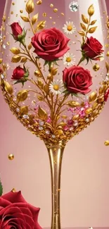 Ornate wine glass with red roses and gold accents mobile wallpaper.