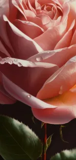 Graceful pink rose with water droplets and vibrant green leaves.