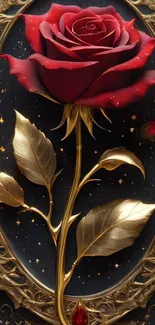 Red rose with golden leaves and ornate frame design.