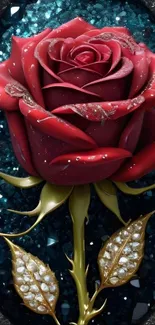 Realistic red rose on gemstone background with jewels.