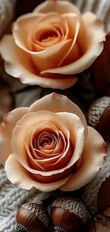 Two elegant orange roses with acorns on a textured surface.