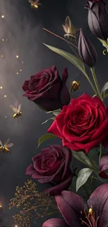 Dark roses and bees design wallpaper art