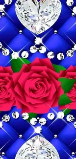 Elegant wallpaper with red roses and blue diamond background.