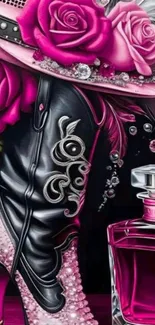 Decorative wallpaper with roses, boots, and perfume design.