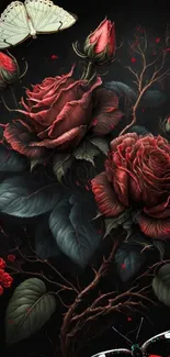 Elegant dark wallpaper with red roses and butterflies.