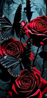 Red roses and black butterflies in an elegant artistic wallpaper.