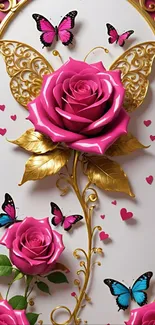 Pink rose and butterfly wallpaper with gold accents.