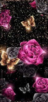 Elegant wallpaper with pink roses and golden butterflies on black background.