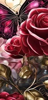 Elegant red roses and butterfly with artistic design.