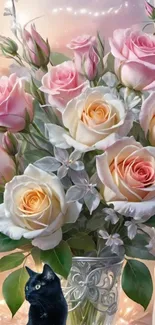 Bouquet of pastel roses with black cat in elegant setting.