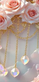 Elegant mobile wallpaper with pink roses and golden chains.
