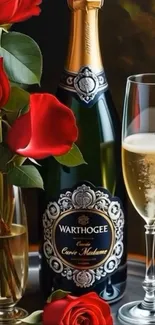 Red roses and champagne bottle wallpaper.