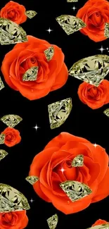 Red roses and diamonds on black background wallpaper.