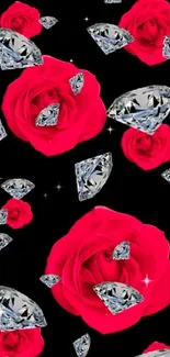 Wallpaper of red roses and sparkling diamonds on black background.