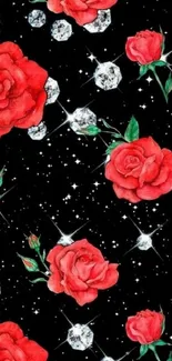 Red roses and diamonds on a black background wallpaper.