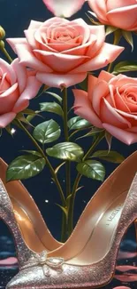 Glittering high heels with pink roses wallpaper.