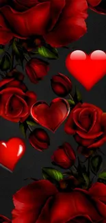 Mobile wallpaper with elegant red roses and hearts on a dark background.