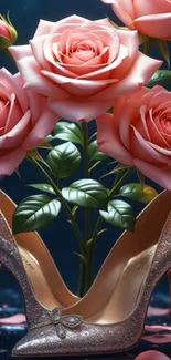 Pink roses and glitter high heels create an elegant mobile wallpaper.