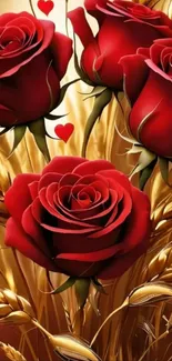 Red roses with golden wheat mobile wallpaper.