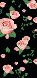 Mobile wallpaper of elegant pink roses on a black background.