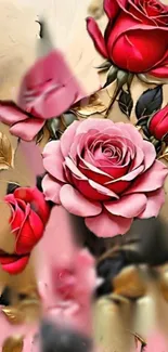 Vibrant floral wallpaper with elegant red and pink roses.