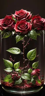 Elegant red roses in a clear glass vase wallpaper.